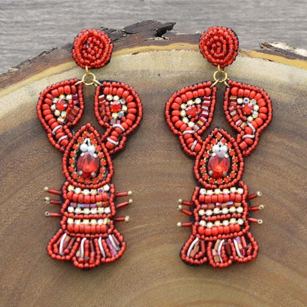 Red Beaded Crawfish Earrings - Lobster Earrings - Crawfish Season - Statement